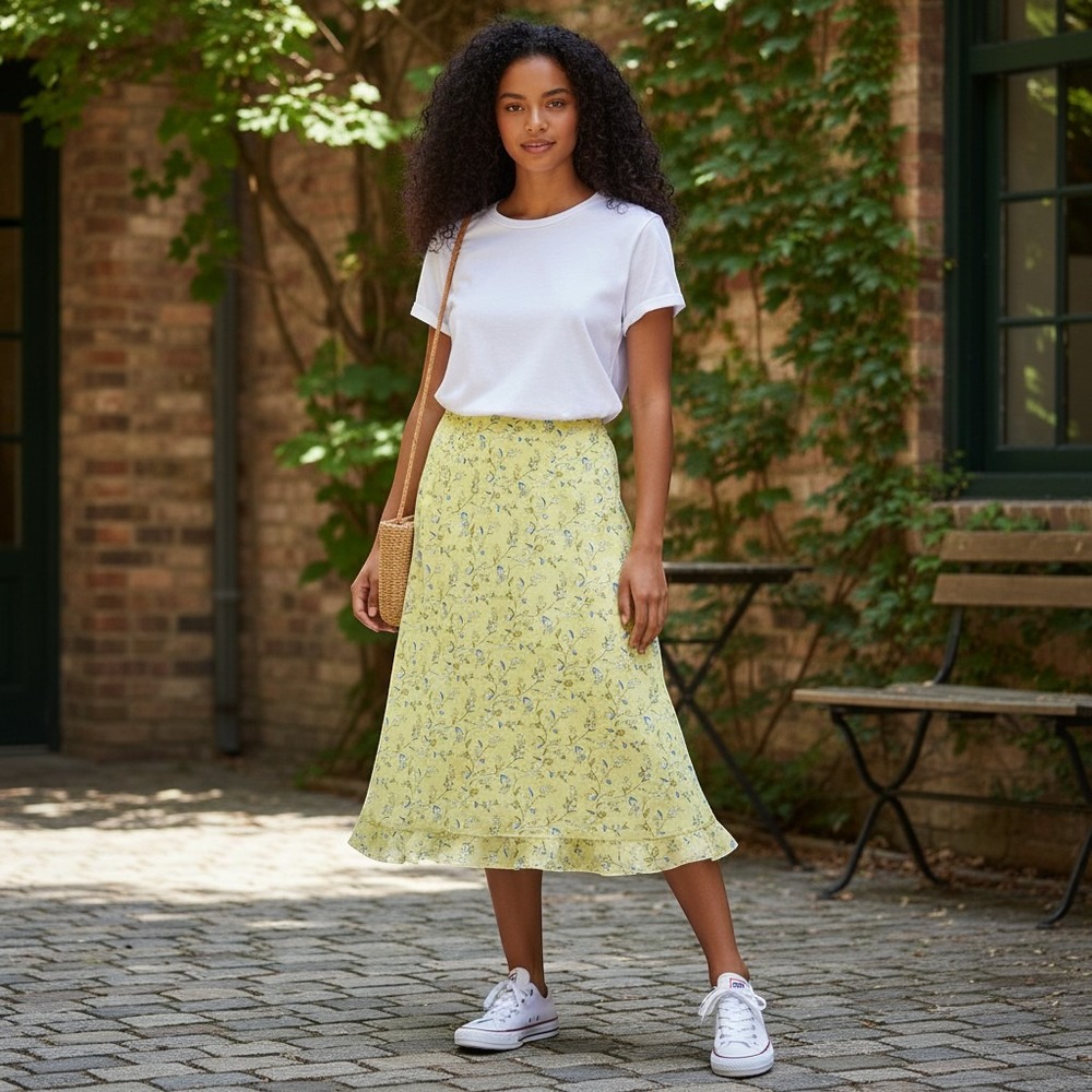 EXPRESS A Line Skirt Womens 1/2‎ Lime Green Floral Casual Ruffle Trim Midi